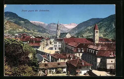 AK Bozen, Stadtansicht gegen die Dolomiten