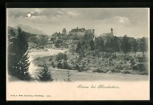 Mondschein-AK Füssen, Schlossansicht bei Nacht vom Flussufer aus