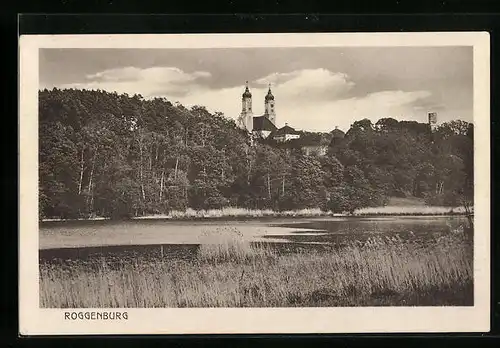 AK Roggenburg, Blick vom Ufer zur Kirche