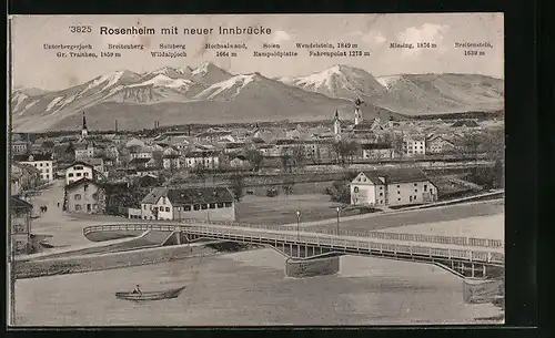 AK Rosenheim, Stadttotale mit der neuen Innbrücke und der Bergkette im Hintergrund