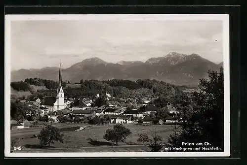 AK Prien am Chiemsee, Blick zur Kirche und auf Hochgern und Hochfelln