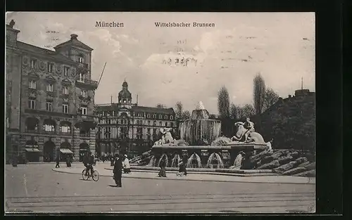 AK München, Radfahrer am Wittelsbacher Brunnen