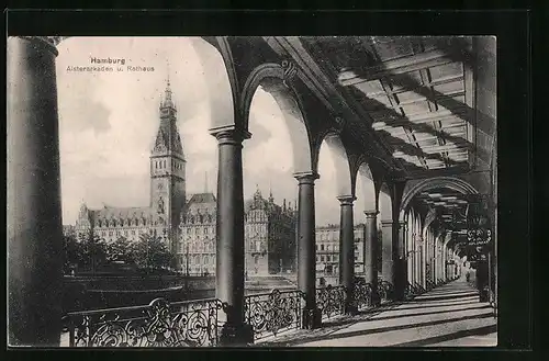 AK Hamburg, Alsterarkaden und Blick zum Rathaus