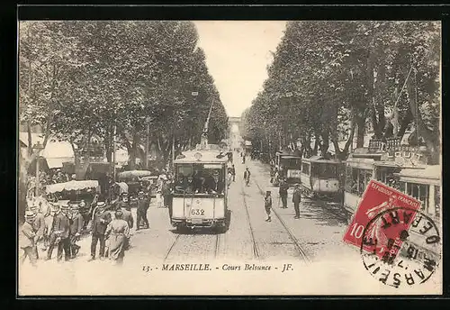 AK Marseille, Cours Belsunce, Strassenbahn unterwegs