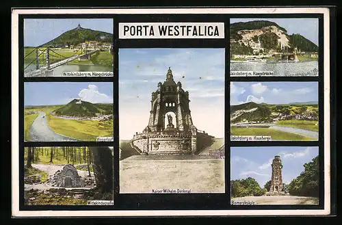 AK Porta Westfalica, Kaiser Wilhelm-Denkmal, Wittekindsberg mit Hängebrücke & Bismarcksäule