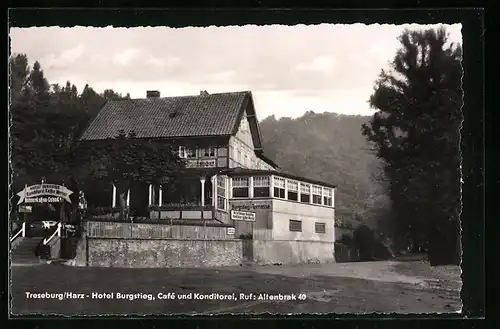 AK Treseburg / Harz, Hotel Burgstieg, Café und Konditorei