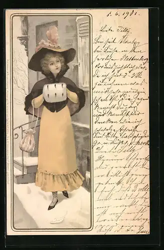 Künstler-AK Meissner & Buch (M&B) Serie 1053: Die 4 Jahreszeiten, Fräulein mit Muff im Winter