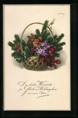 Künstler-AK Meissner & Buch (M&B) Serie 2307: Weihnachtsgesteck mit Tannenzweigen im Korb