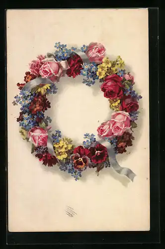 Künstler-AK Meissner & Buch (M&B) Serie 2293: Rosen und Nelken mit Schleifenband in einem Kranz gebunden