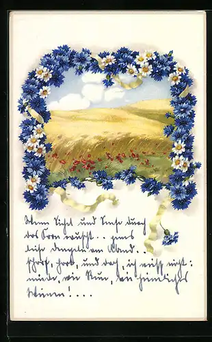 Künstler-AK Meissner & Buch (M&B) Serie 2356: Getreidefeld umgeben von einer blauen Blumengirlande