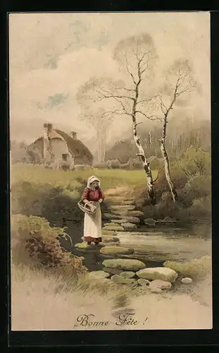 Künstler-AK Meissner & Buch (M&B) Serie 1354: Wald und Flur, Gottes Natur!, Bäuerin am Fluss