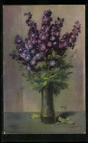 Künstler-AK Meissner & Buch (M&B): lila blühende Blumen in einer Vase