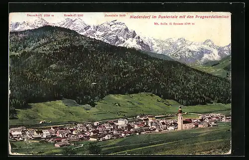 AK Niederdorf im Pustertal, Panorama mit den Pragserdolomiten