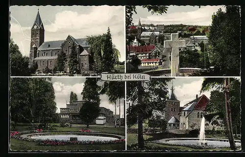 AK Hürth / Köln, Kirche, Parkansicht, Gedenkkreuz