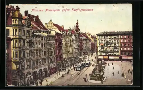 AK München, Marienplatz mit Strassenbahnen
