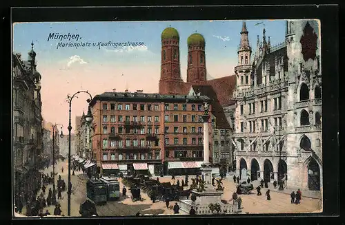 AK München, Marienplatz mit Strassenbahnen