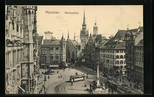 AK München, Marienplatz mit Strassenbahnen