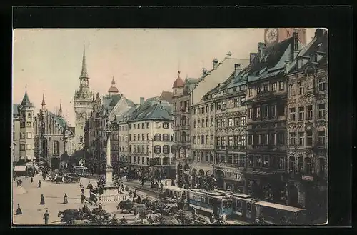 AK München, Marienplatz mit Strassenbahnen