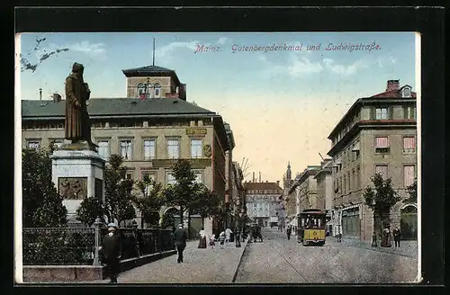 AK Mainz, Ludwigstrasse mit Strassenbahn