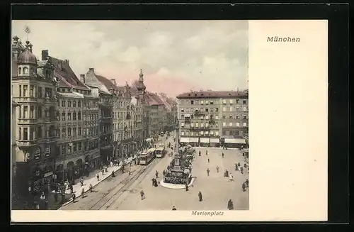 AK München, Marienplatz mit Strassenbahnen