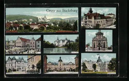 AK Bückeburg, Lutherkirche, Neues Palais, Schlosswache, Markt