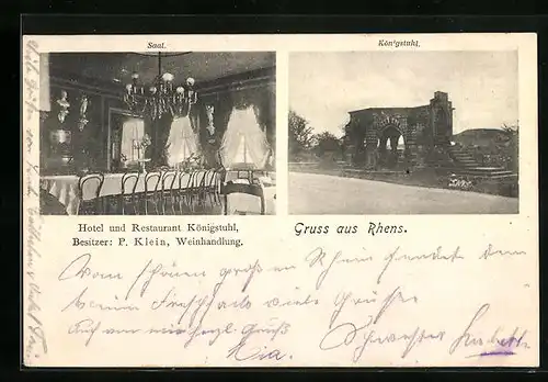 AK Rhens, Hotel & Restaurant Königstuhl, Saal-Ansicht, Königstuhl