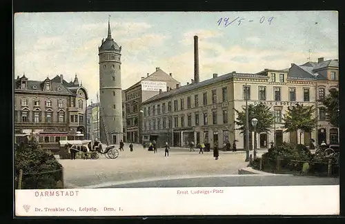 AK Darmstadt, Ernst-Ludwig-Platz mit Strassenbahn und Turm