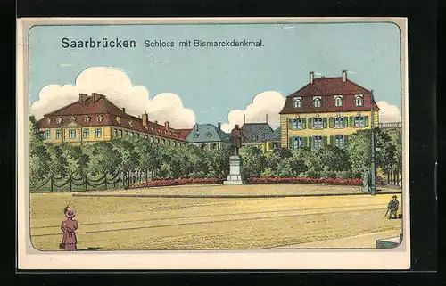 Lithographie Saarbrücken, Schloss mit Bismarckdenkmal
