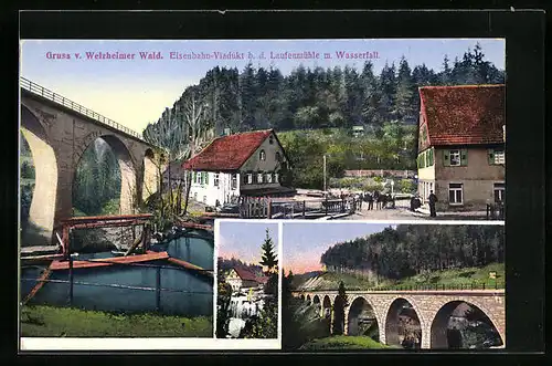 AK Welzheim, Eisenbahn-Viadukt b. d. Laufenmühle m. Wasserfall