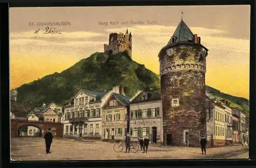 AK St. Goarshausen, Burg Katz und Runder Turm
