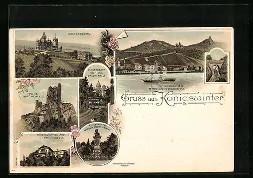 Lithographie Königswinter, Panorama, Drachenburg, Restauration auf Drachenfels & Zahnradbahn