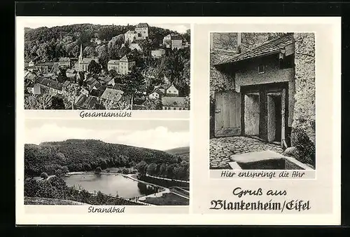 AK Blankenheim / Eifel, Gesamtansicht, Strandbad & Ahrquelle