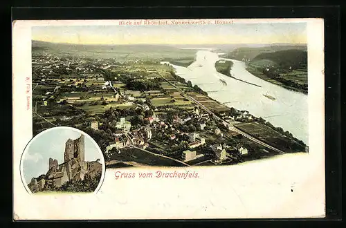 AK Rhöndorf, Ruine Drachenfels, Gesamtabsicht mit Blick auf Nonnenwerth und Honnef