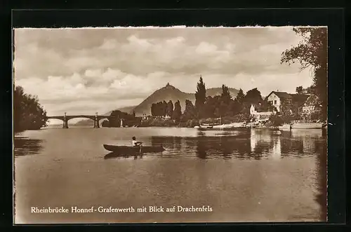 AK Honnef / Rhein, Brücke Honnef-Grafenwerth mit Blick auf Drachenfels