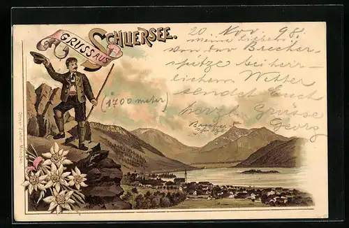 Lithographie Schliersee, Teilansicht und Wanderer