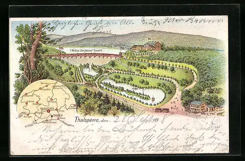 Lithographie Elberfeld, Talsperre mit Strassenbahn, Landkarte mit Remscheid, Barmen und Vohwinkel