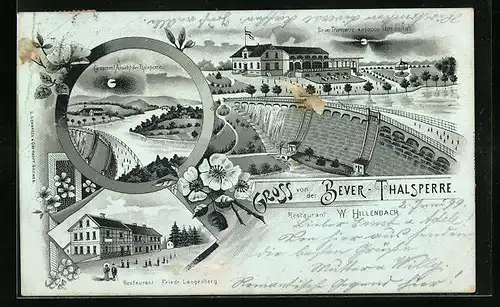 Mondschein-Lithographie Bever-Talsperre, Restaurant Friedr. Langenberg, Hotel, Gesamtansicht