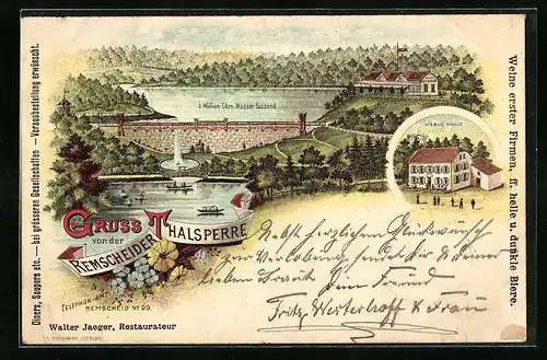 Lithographie Remscheid, Remscheider Talsperre mit Hauptrestaruant, Mebus Mühle