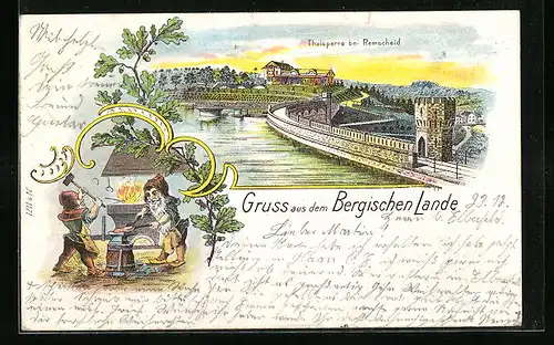 Lithographie Remscheid /Bergisches Land, Talsperre, Zwerge mit Hammer und Amboss