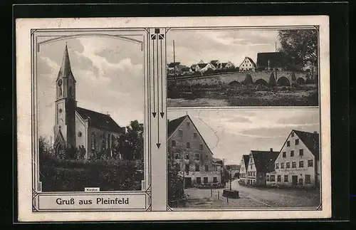 AK Pleinfeld, Strassenpartie mit Gasthaus, Kirche, Ortspartie