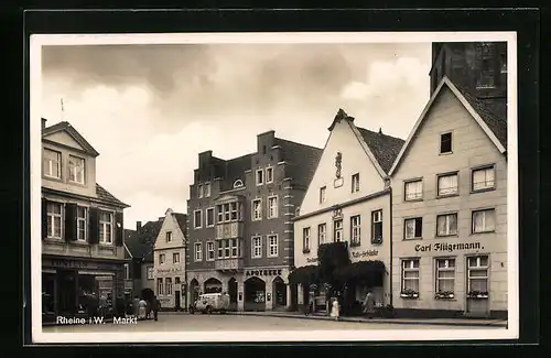 AK Rheine i. W., Markt mit Restaurant Rats-Schänke, Apotheke und Geschäft