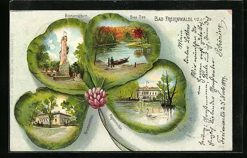 Passepartout-Lithographie Bad Freienwalde a. O., Brunnenhotel, Papenmühle und Bismarckturm im Kleeblatt