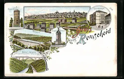 Lithographie Remscheid, Gewerbeschule, Wasserturm, Krieger-Denkmal