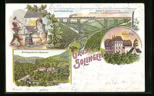 Lithographie Solingen, Alte Wupperbrücke und Restaurant, Schloss Burg, Kaiser Wilhelm Brücke mit Eisenbahn