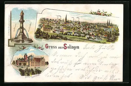 Lithographie Solingen, Teilansicht, Burg a. d. Wupper, Laufbrunnen am alten Markt