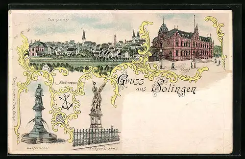 Lithographie Solingen, Post, Laufbrunnen, Krieger-Denkmal