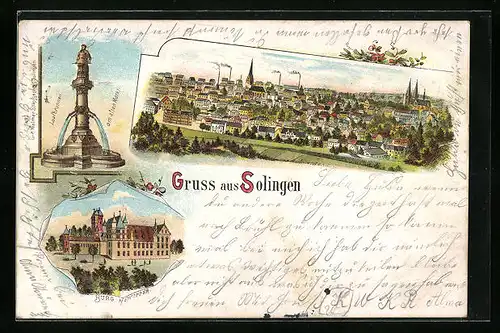 Lithographie Solingen, Teilansicht, Laufbrunnen am alten Markt, Burg a. d. Wupper