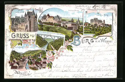 Lithographie Burg a. d. Wupper, Schloss Burg, Schloss-Hof, Unterburg