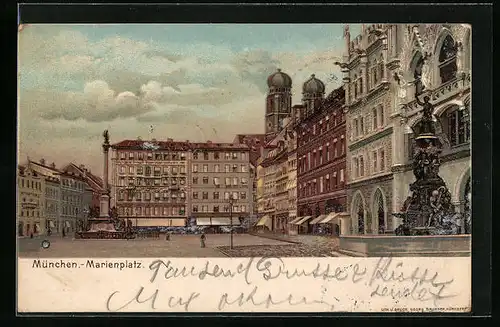 AK München, Marienplatz mit Brunnen