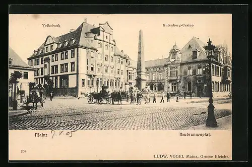 AK Mainz, Neubrunnenplatz mit Volksbank und Gutenberg-Casino